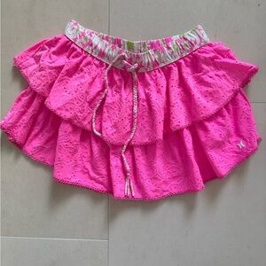 LoveShackFancy Pink Bubble Mini Skirt with Ruffled Tie Front